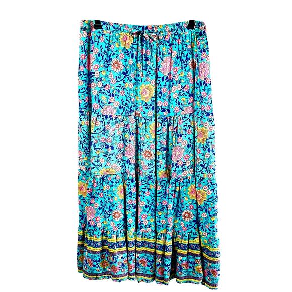 Hibluco Tiered Maxi Skirt Womens XL Blue Floral Boho Romantic Feminine Cottage - Picture 3 of 11